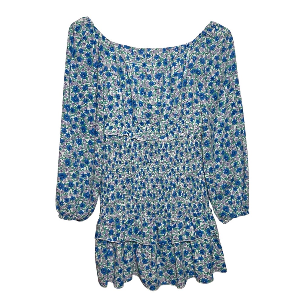 Womens Fashion Floral Print Smocked Mini Dress Off Shoulder Size L